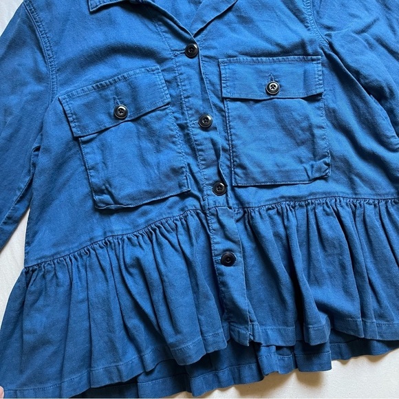 THE GREAT. Blue denim button up peplum ruffle long sleeve crop top shirt jacket - Picture 3 of 6